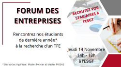 Forum des entreprises - spécial TFE, le 14/11/2024 à l'ESGT