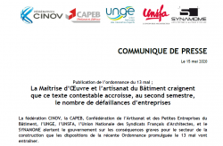 Communiqué de presse : La Maîtrise d’Œuvre et l’artisanat du Bâtiment craignent que ce texte contestable accroisse, au second semestre, le nombre de défaillances d’entreprises